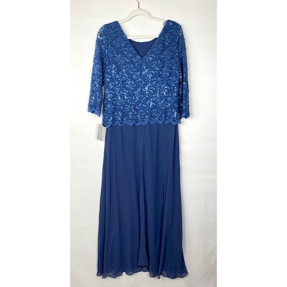 Alex Evenings Mock Two-Piece Sequin Chiffon Gown Lace Dress Wedgewood 12 - Picture 7 of 11